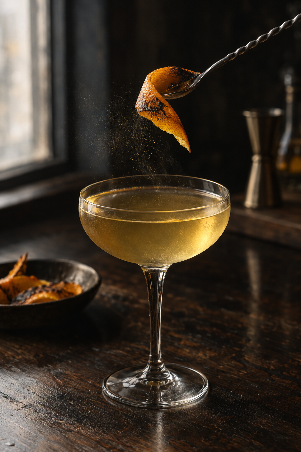 A silver barspoon twists a charred orange peel over a golden drink in a coupe glass, fine citrus oil drifting down.