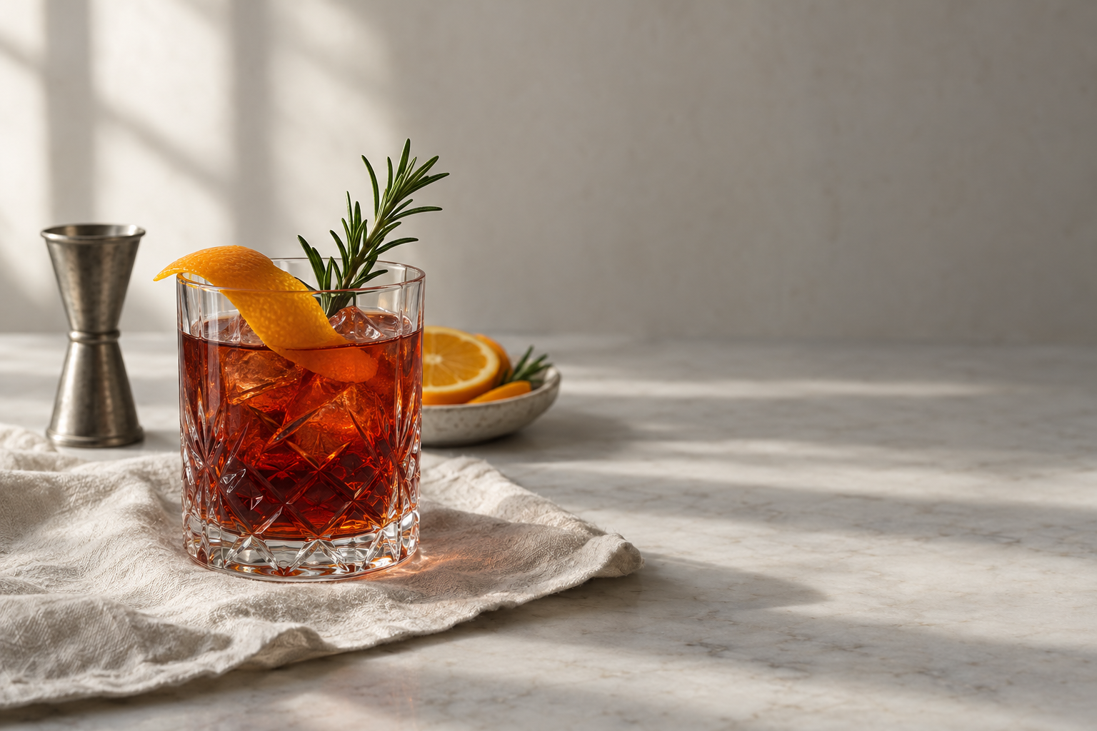 An amber nonalcoholic aperitivo over clear ice in a cut-crystal rocks glass, garnished with a rosemary sprig and orange peel, resting on a linen cloth over marble.
